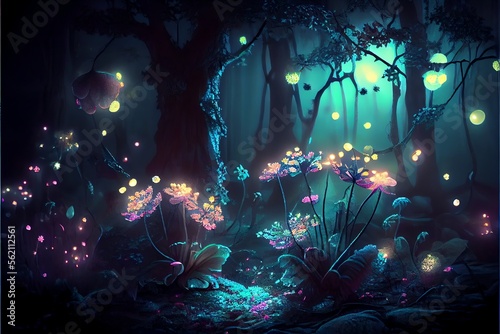 Fairy forest at night. fantasy glowing flowers and lights.. Generative AI