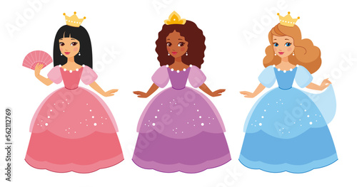 Fairy set of cartoon princess in beautiful girlish dress with crown.  Flat vector isolated illustration on white background.