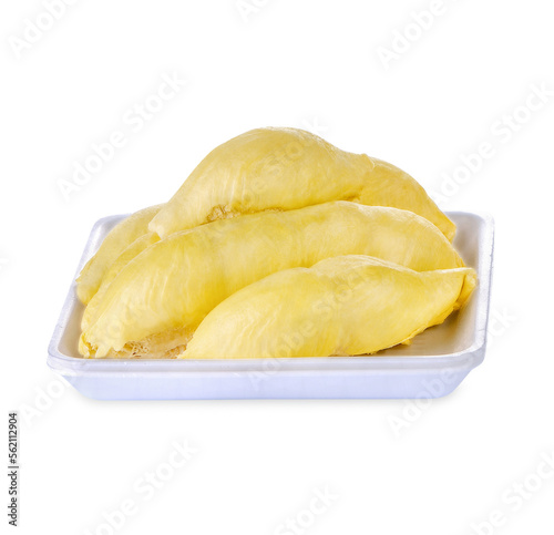 Ripe Durian Fruit in foam tray isolated on transparent background (.PNG)