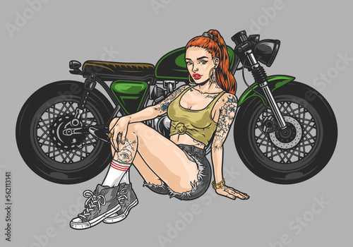 Cool woman motorcyclist colorful sticker