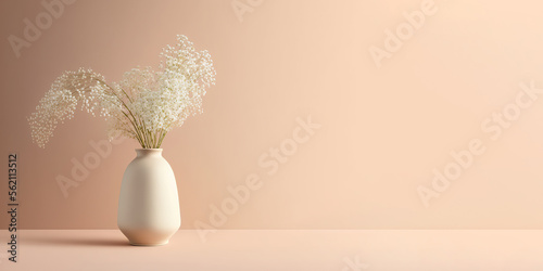 Gypsophila Flowers in Vase on Beige Wall Background - Aesthetic Home Decor with Copy Space. Generative AI © StockSnap