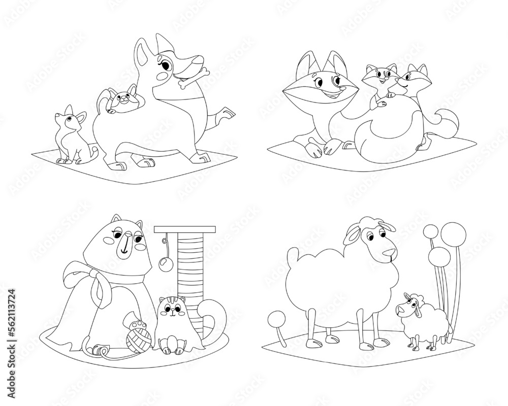 Obraz premium Black outline of comic animal families vector illustrations set. Collection of doodles of dog, cat, fox and sheep characters with babies on white background. Wildlife, family, care concept