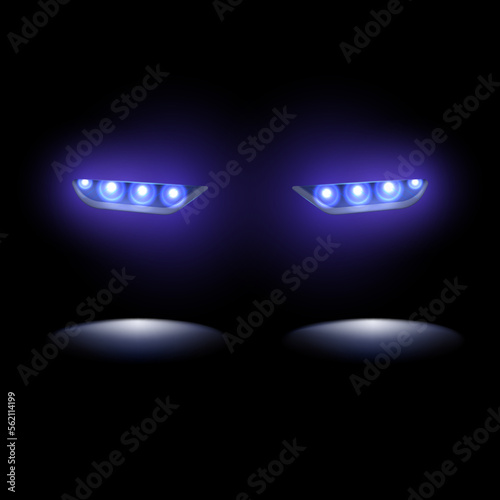 Realistic set of colorful car headlights tail and siren lights isolated on black background vector illustration.