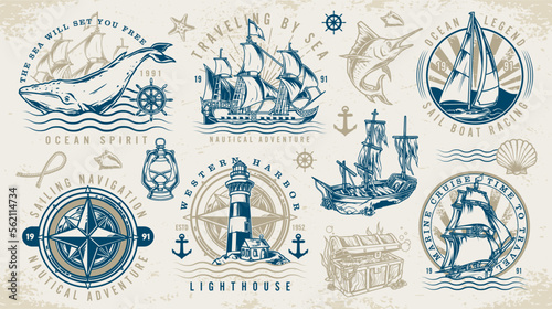Nautical adventure colorful set emblems