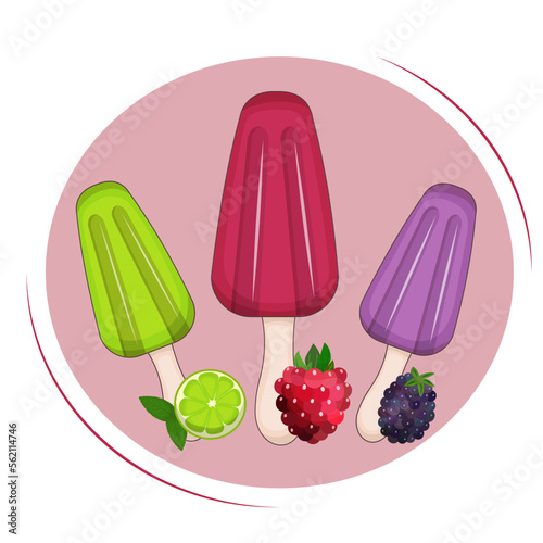 Mexican Paletas ice cream made with fruit and berry slices. Сool summer dessert of Latin American cuisine. Frozen fruit juice. Vector illustration. Cartoon.