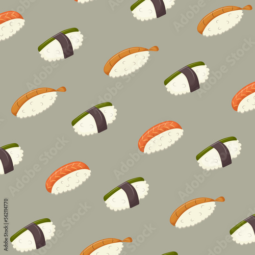 Seamless pattern on green background with Japanese sushi. Traditional Asian cuisine. Vector illustration. Background, flyer, poster, textile, printed matter.