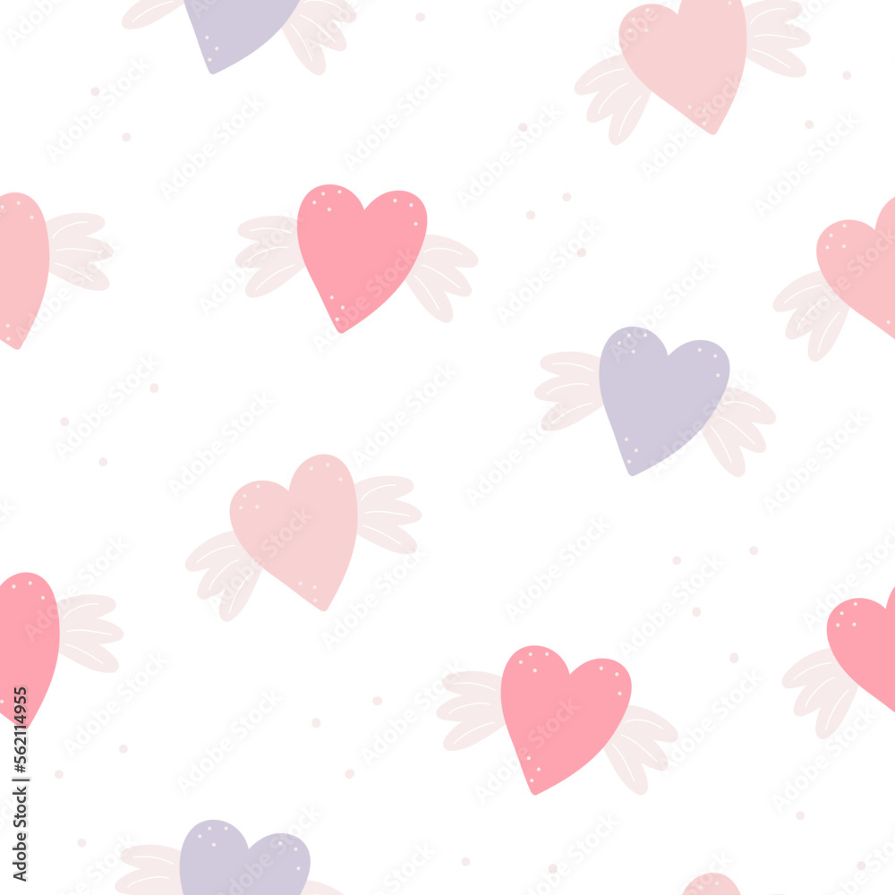 Hand drawn funny hearts seamless pattern. Cartoon hearts with wings baby print in pastel colors. Wall art of the nursery in the boho style.