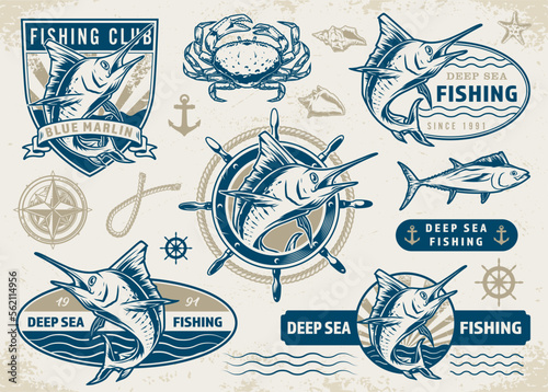 Fishing club set logotypes colorful