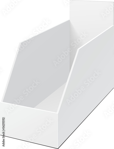 Mockup POS POI Cardboard Blank Empty Display Show Box Holder For Advertising Fliers, Leaflets, Products. Illustration Isolated On White Background. Mock Up Template Ready For Your Design. Vector EPS10