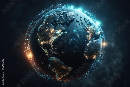 Digital dystopian globe, future, viewed from space, in the solar system, in the stars, view of the earth, our planet, ai, cyber, eco, climate, war created with generative ai technology