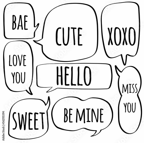 Set doodle hand drawn speech bubbles of BAE, LOVE YOU, SWEET, CUTE, HELLO, BE MINE, XOXO, MISS YOU. Vector design illustration