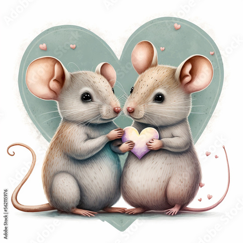 Two cute mice in love holding a heart. Romance. Valentine's Day