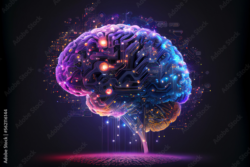 Human brain showing Intelligent thinking processing through the concept of a neural network printed circuit of big data and artificial intelligence, computer Generative AI stock illustration image
