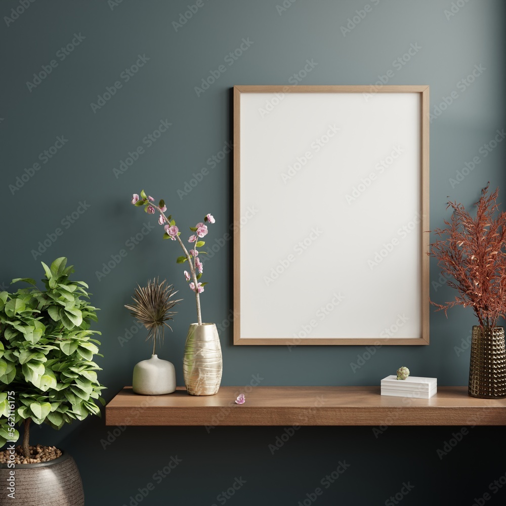 Mockup poster frame in minimalist interior background with dark wall. Mockup poster frame in minimalist interior background with dark wall.
