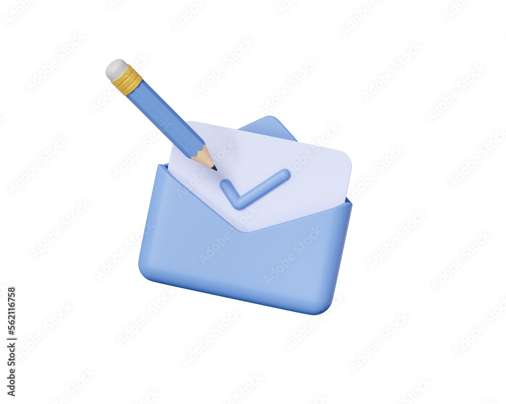 3D Check mark icon in letter envelope with pen. Approved Paper ...