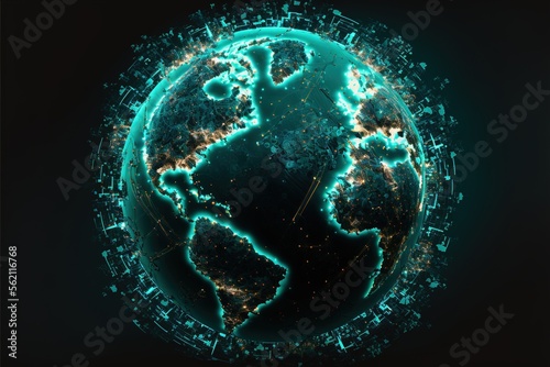 Digital dystopian globe, future, viewed from space, in the solar system, in the stars, view of the earth, our planet, ai, cyber, eco, climate, war created with generative ai technology