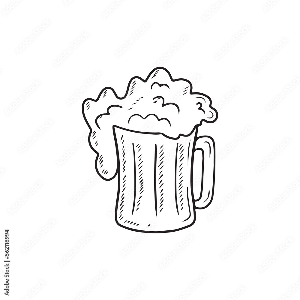 Glass with bear and big foam in black isolated on white background. Hand drawn vector sketch illustration in doodle engraved vintage outline style. Alcohol, beverage, cider, celebration, bar. Glass with bear and big foam in black isolated on white background. Hand drawn vector sketch illustration in doodle engraved vintage outline style. Alcohol, beverage, cider, celebration, bar.