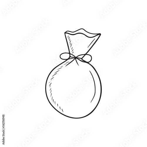 bag with string and bow with money coins in black isolated on white background. Hand drawn vector sketch illustration in doodle engraved vintage outline style. Wealth, package, gift, jewellery.