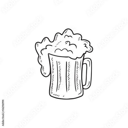 Glass with bear and big foam in black isolated on white background. Hand drawn vector sketch illustration in doodle engraved vintage outline style. Alcohol, beverage, cider, celebration, bar.
