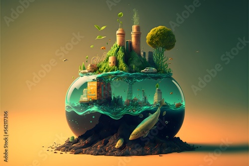 The planet earth globe is represented by a green bowl. Green planet booming with trees, plants, greenery, and sustainability. photo