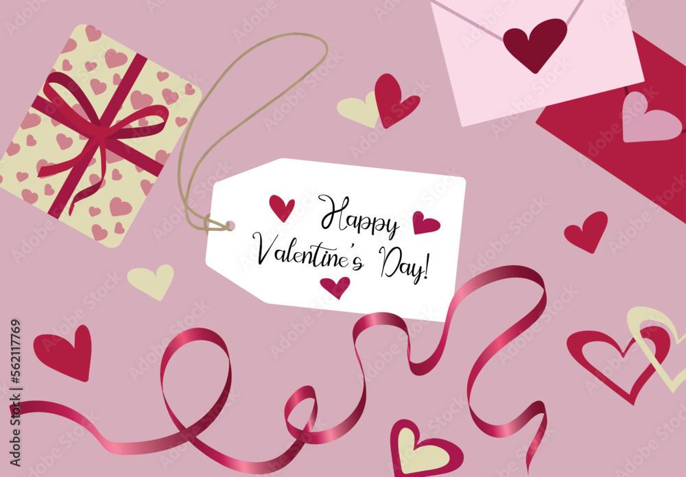 Vector illustration for Valentine's Day. Hearts, gifts, cards and letters on a pink background