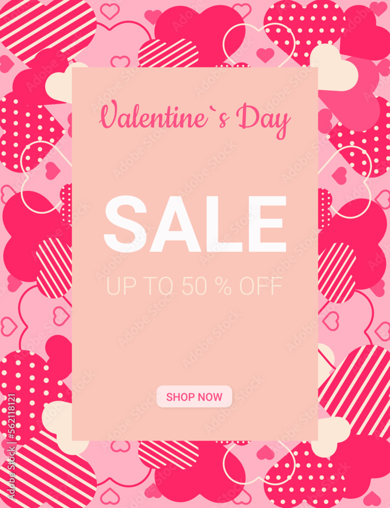 Valentines Day sale white and pink lettering and pink hearts banner. Valentines Day sale banner template with typography text special offer valentine`s day and hearts on pink background. Valentines Day sale white and pink lettering and pink hearts banner. Valentines Day sale banner template with typography text special offer valentine`s day and hearts on pink background.
