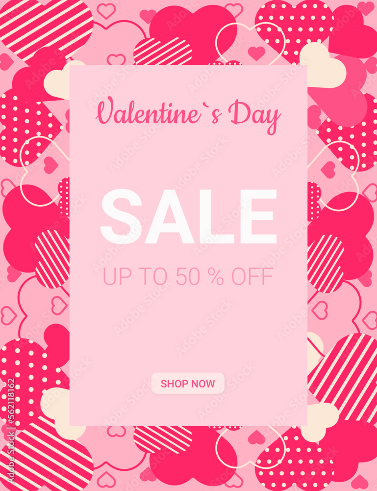 Valentines Day  sale white and pink lettering and pink hearts banner. Valentines Day sale banner template with typography text special offer valentine`s day and hearts on pink background. 