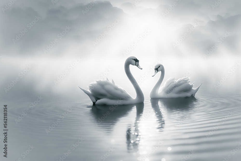 Fototapeta premium romantic image of two swans on the lake at sunset. Generative AI