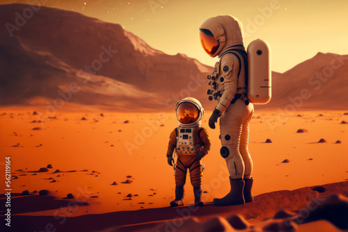 Fotobehang Father and son on planet Mars - Generative AI