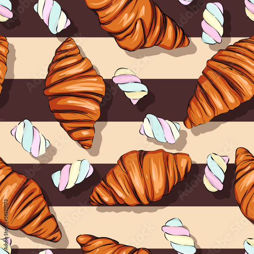seamless vector pattern with croissants. Sweets, snacks, cafe