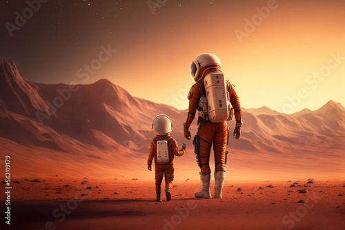 Stampa su tela Father and son on planet Mars - Generative AI
