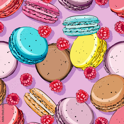 seamless vector pattern with macaron cookies. Sweets, snacks, cafe