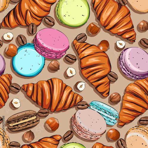 seamless vector pattern with macaron cookies. Sweets, snacks, cafe