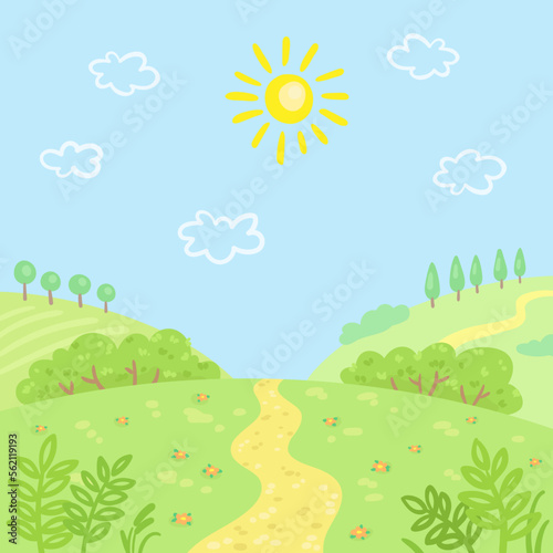 Summer landscape with sky  sun  green hills  road  trees  bushes  grass and flowers. In cartoon style. Countryside background. Vector flat illustration.