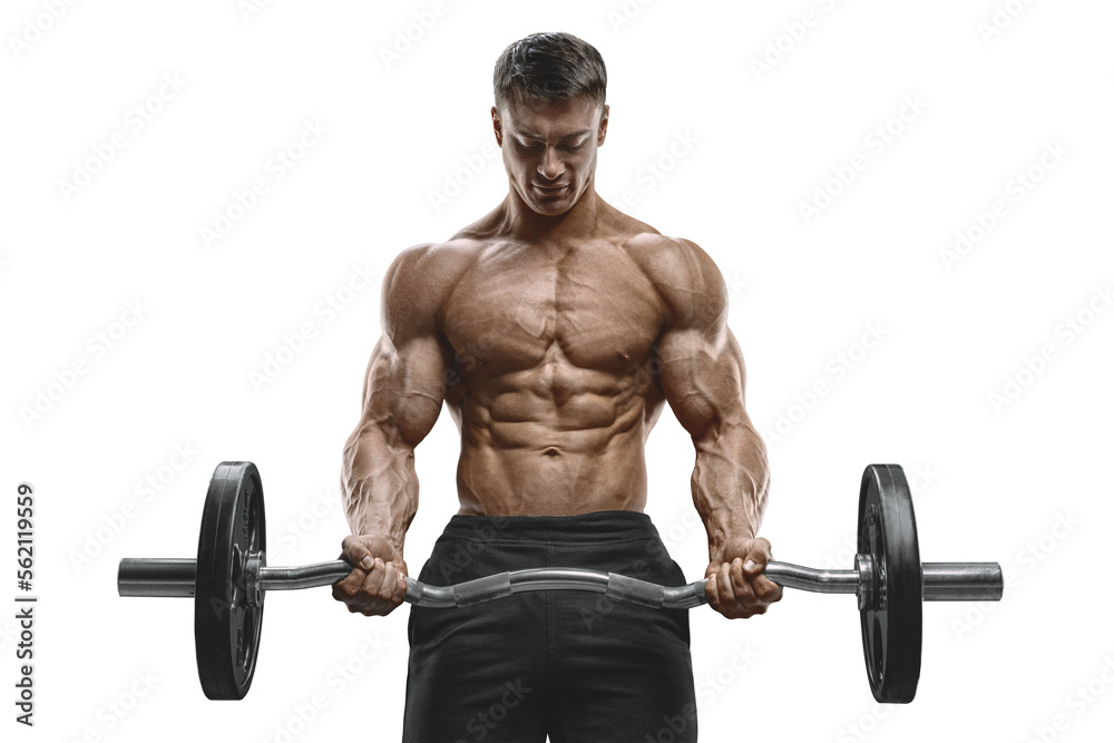 Strong man. Bodybuilder pumping up biceps working out barbell. Transparent PNG barbell workout muscles body training weightlifting