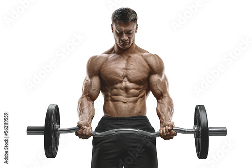 Strong man. Bodybuilder pumping up biceps working out barbell. Transparent PNG barbell workout muscles body training weightlifting