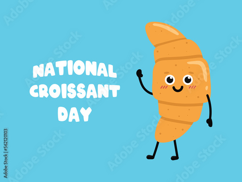 Сute cartoon croissant. National Croissant Day. January 30. Illustration isolated on blue background.