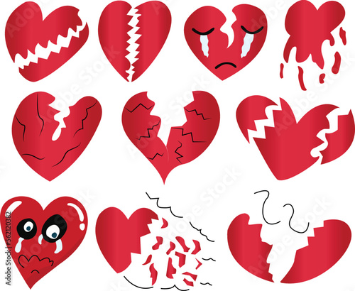 Broken heart vector illustration set. Red heartbreaking vector illustrations