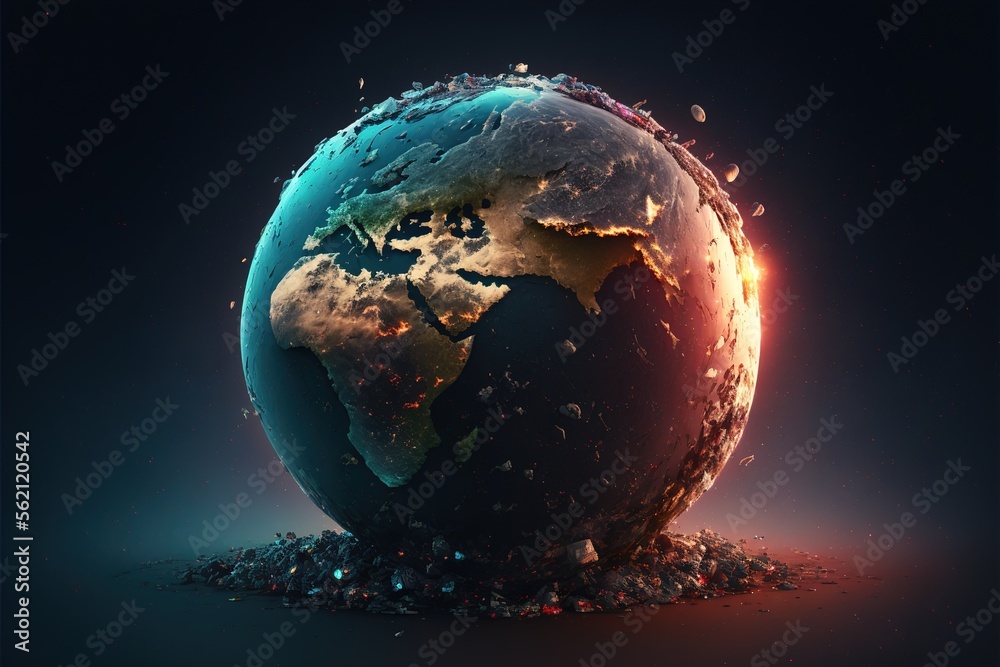 Digital dystopian globe, future, viewed from space, in the solar system, in the stars, view of 