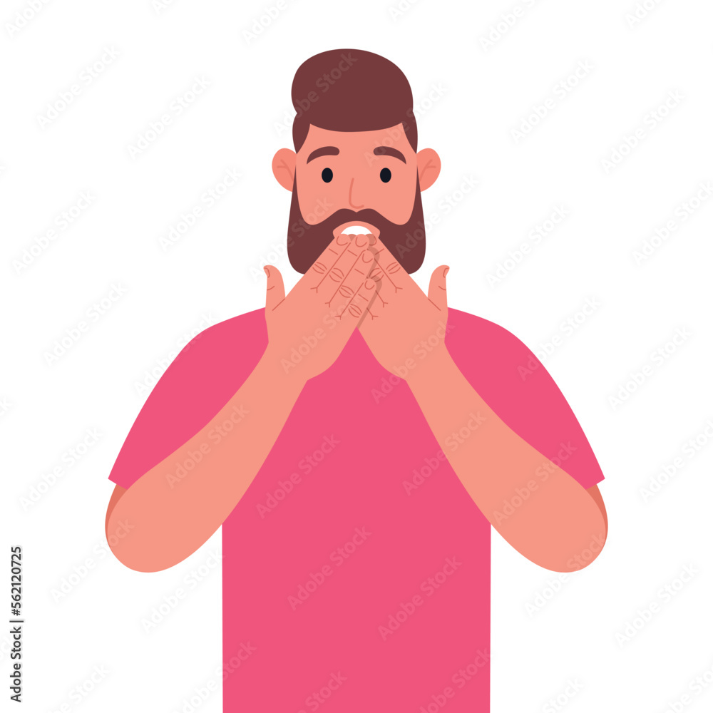 Bearded man in pink t-shirt shocked covering mouth with hand for mistake. Expression of fear, scared in silence, secret concept. Vector illustration. Bearded man in pink t-shirt shocked covering mouth with hand for mistake. Expression of fear, scared in silence, secret concept. Vector illustration.