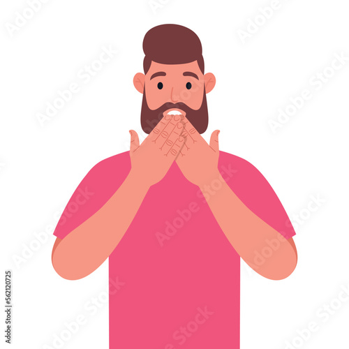 Bearded man in pink t-shirt shocked covering mouth with hand for mistake. Expression of fear, scared in silence, secret concept. Vector illustration.
