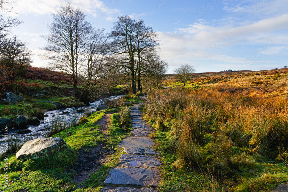 Wet gritstone path alongside Burbage Brook. Wet gritstone path alongside Burbage Brook.
