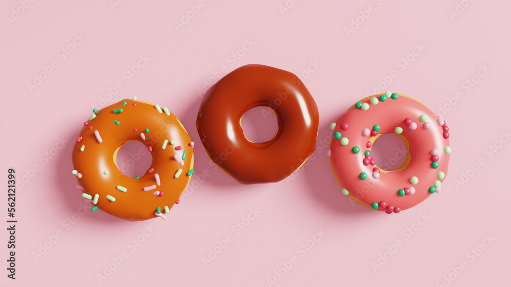 Donuts with pink, caramel and chocolate icing on pink background. 3D render. Top view Donuts with pink, caramel and chocolate icing on pink background. 3D render. Top view