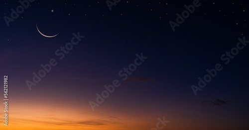 Crescent moon on dusk sky twilight background, religion of Islamic and well editing text Ramadan Kareem, Eid Mubarak, Eid Ul Fitr, Eid Al Adha, Muharram  © Nature Peaceful 