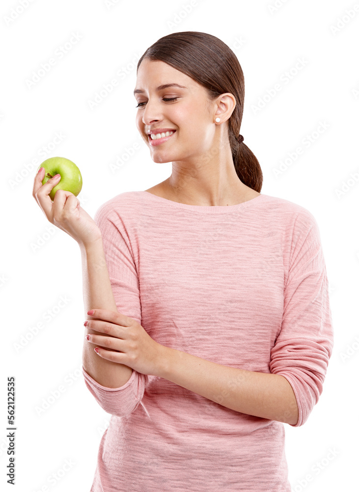 Health, food and smile with apple with woman for nutrition, diet and weight loss choice. Fiber, care and vitamins with isolated face of girl eating fruit for wellness, organic and natural in studio
