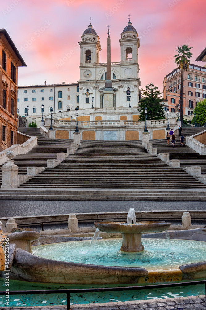 Naklejka premium Fountain of Boat and Spanish steps with Trinita dei Monti church in Rome, Italy