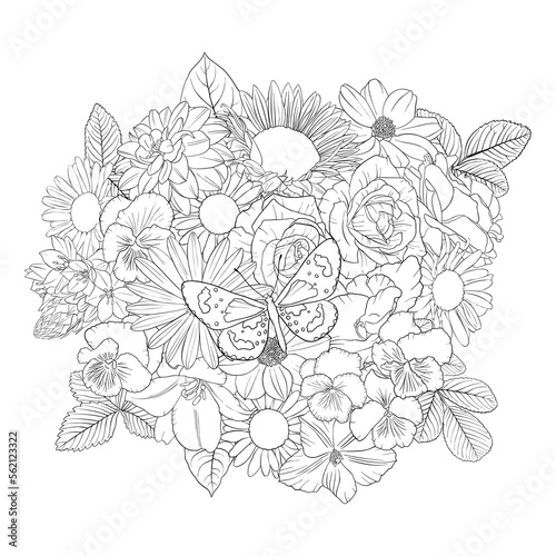 vector drawing natural background with butterfly and flowers, black and white coloring page, hand drawn illustration