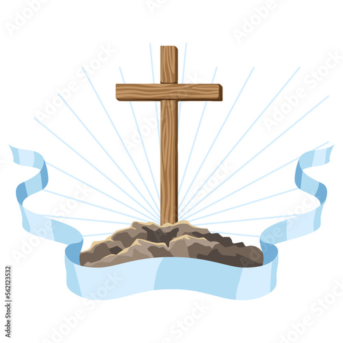 Christian illustration of wooden cross. Happy Easter image.