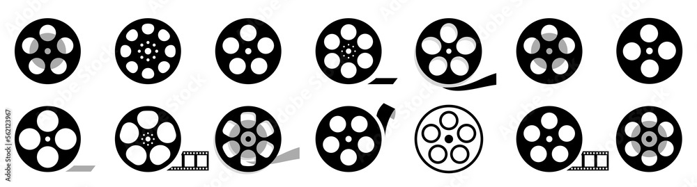 Film reel icon set. Black movie reel icon in vintage style. Old