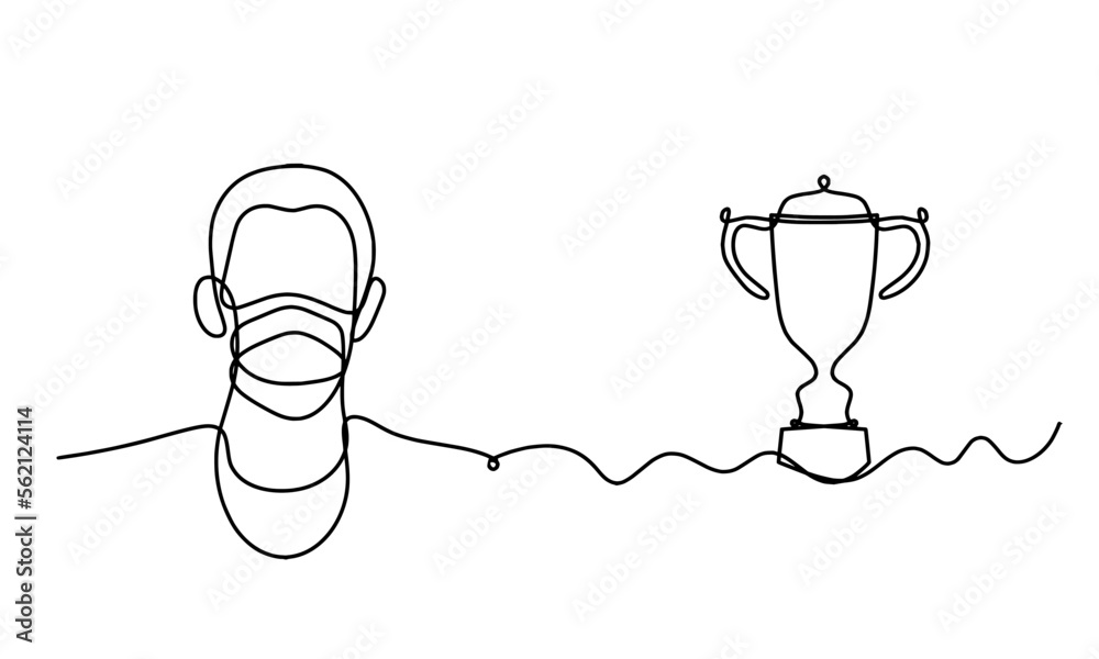 Abstract man face with mask and globe with trophy as line drawing on white background. Vector Abstract man face with mask and globe with trophy as line drawing on white background. Vector